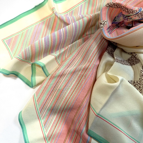 Vintage Christian Dior Silk Scarf Ivory Stripes and Birds Monogram - Picture 2 of 12